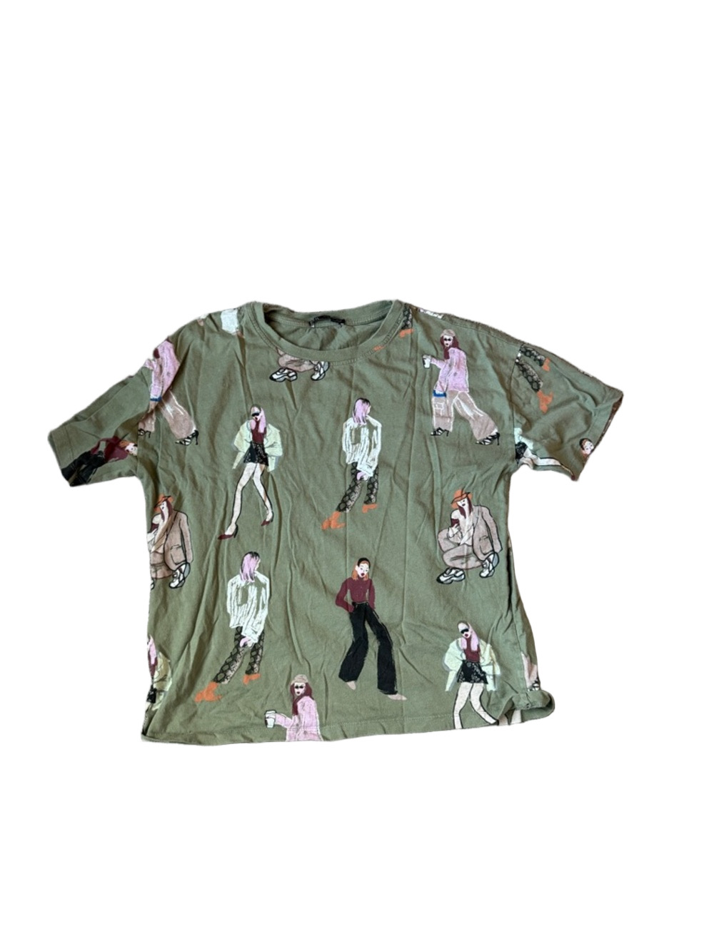 ZARA Graphic Print Cropped T-Shirt Green People Print Tee Short Sleeve SIZE S